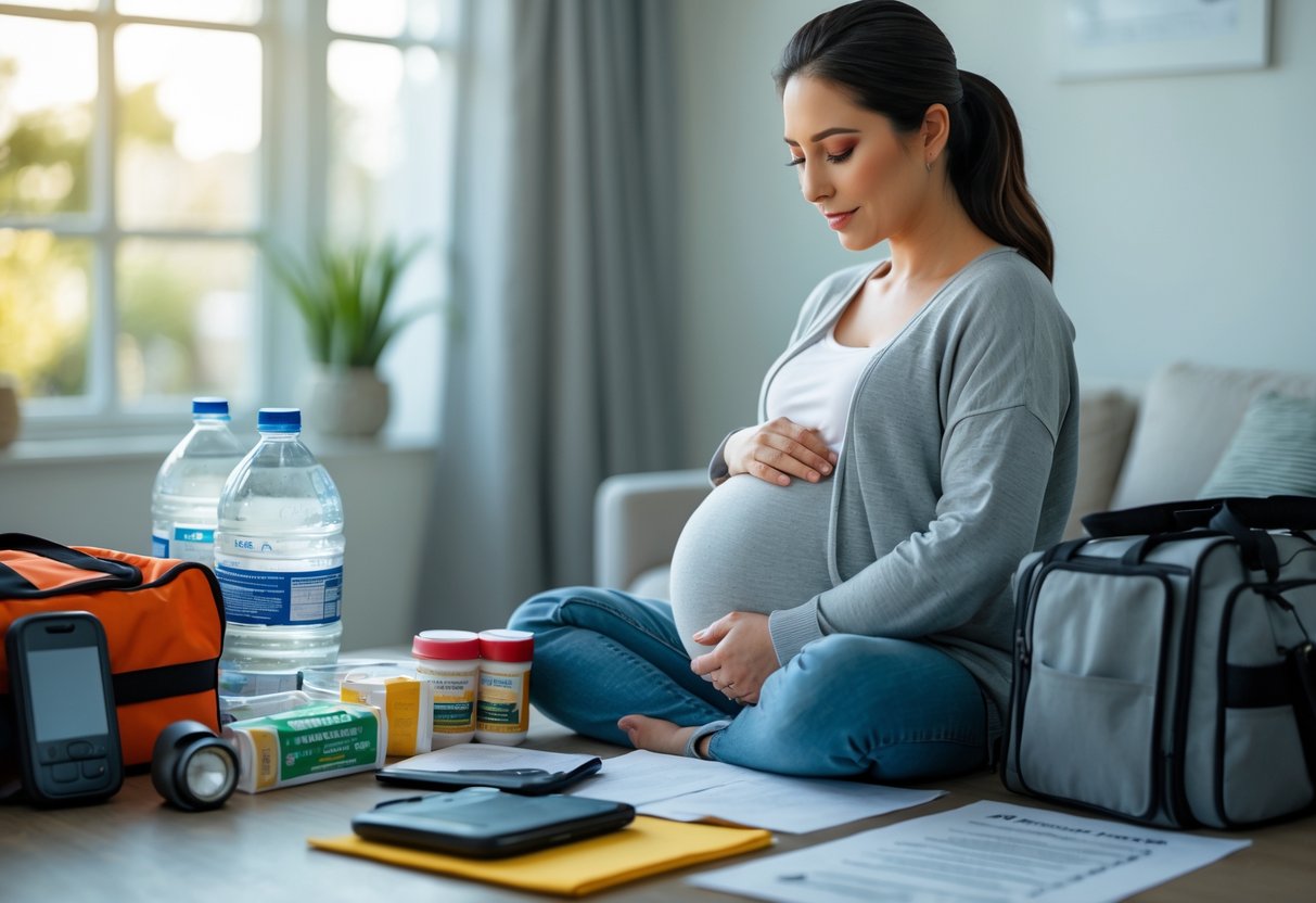 A pregnant woman indoors surrounded by emergency supplies, gently holding her belly and preparing for a disaster.