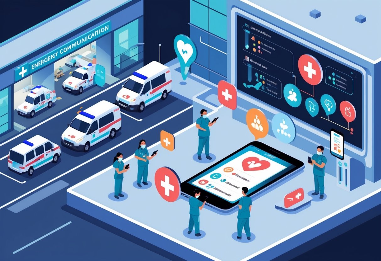 A hospital scene showing healthcare workers using devices to share vital health information during an emergency, with ambulances arriving and a control center displaying real-time data.