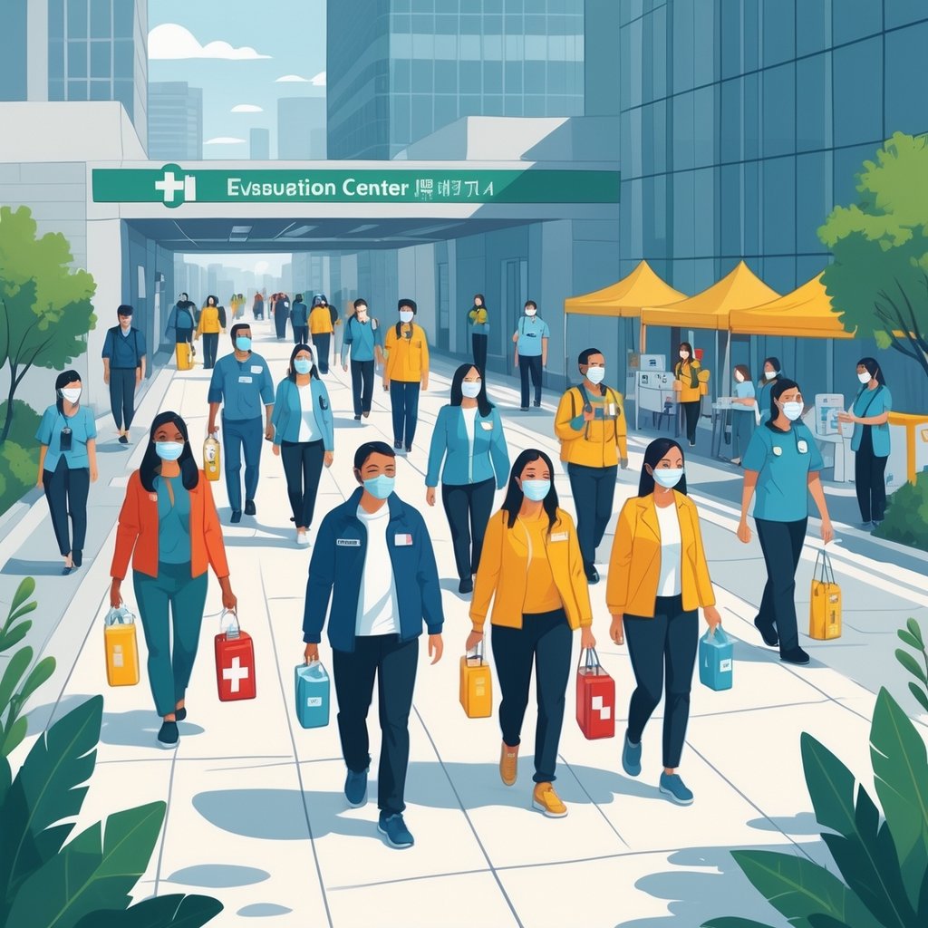 People calmly evacuating an urban area with health supplies and emergency responders assisting at a medical aid station.