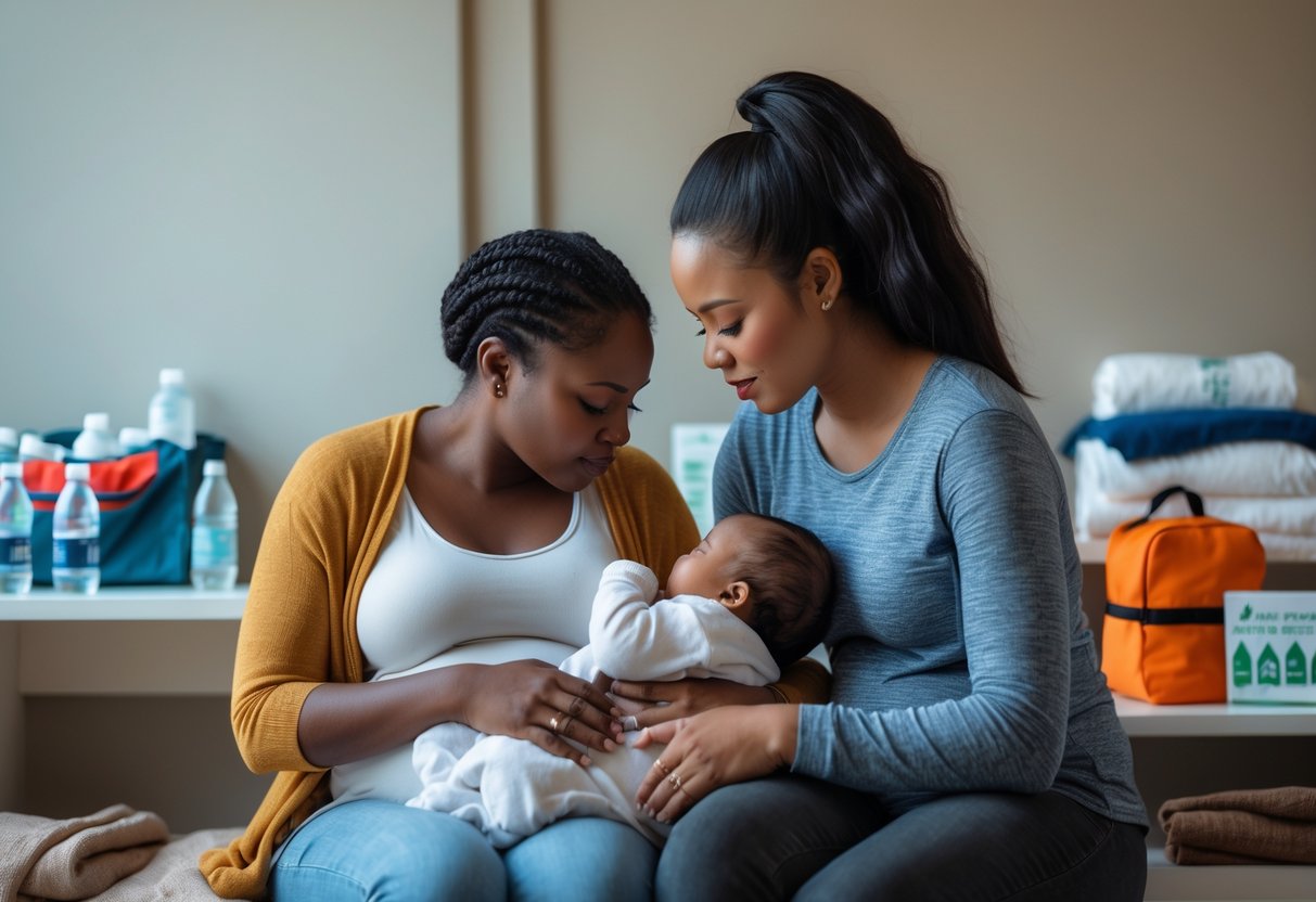 A pregnant woman and a mother breastfeeding her baby in a safe emergency shelter with emergency supplies in the background.