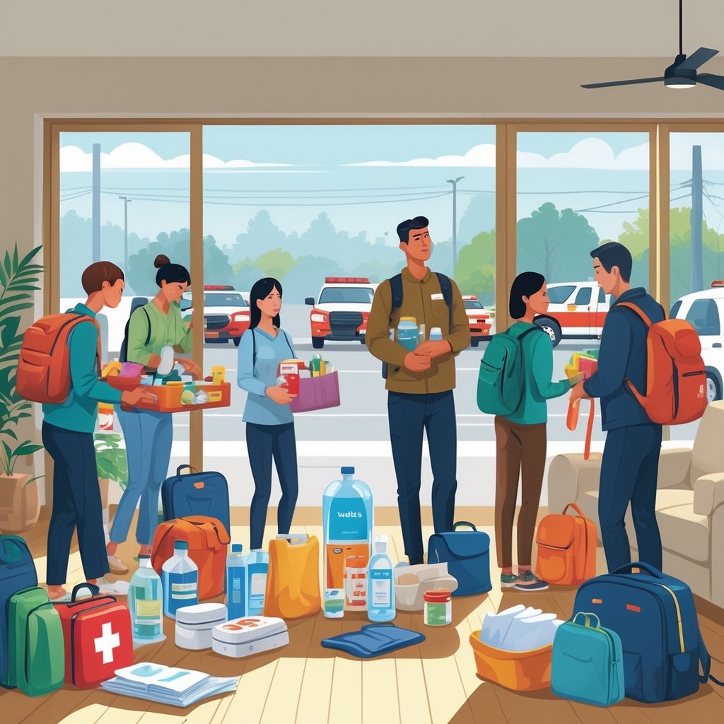 People packing essential health and personal items into bags inside a home while preparing to evacuate during an emergency.