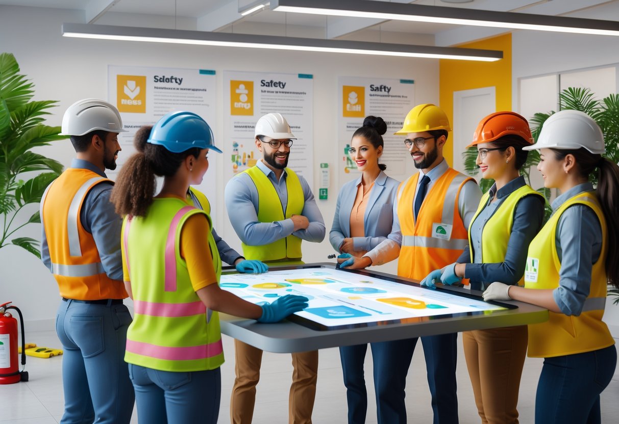 A group of diverse professionals wearing safety gear collaborating around a digital table in a modern office, surrounded by safety equipment and signage.