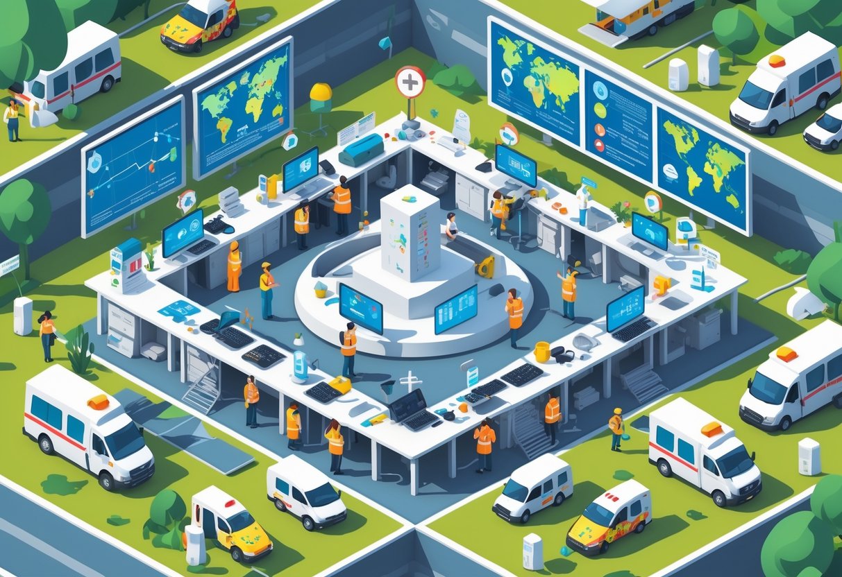 A coordinated emergency response scene showing healthcare workers, emergency responders, and officials sharing information at a command center with communication devices and medical vehicles nearby.