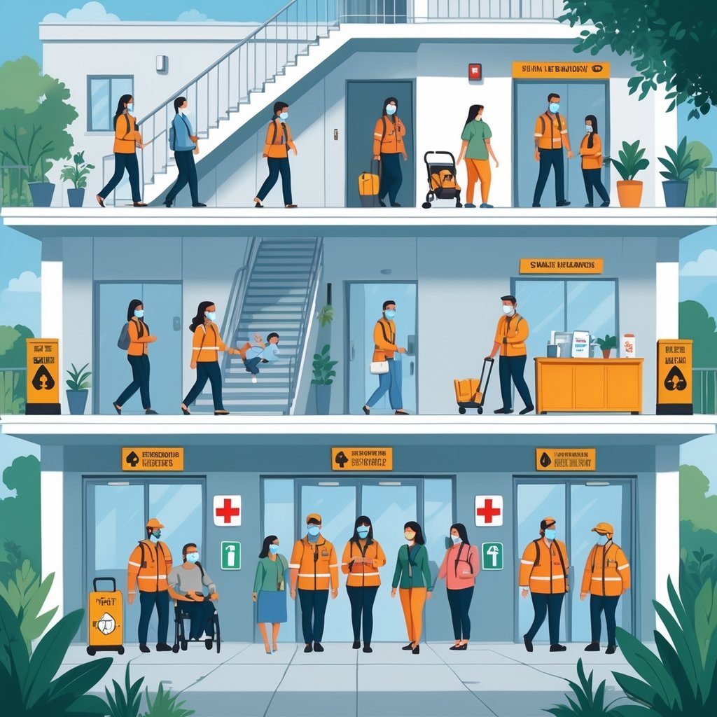 People evacuating safely from a building, workplace, and outdoor area, following health guidelines like wearing masks and social distancing, guided by emergency personnel.