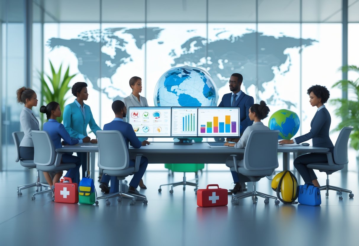 A group of diverse professionals collaborating around a conference table with digital screens, surrounded by health and safety symbols, in a modern office setting.