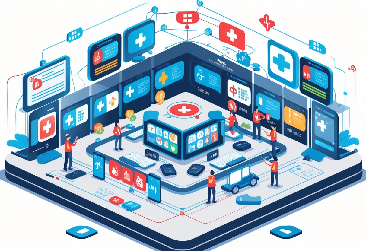 A scene showing healthcare workers using devices like smartphones and computers to share vital health information during an emergency, with screens and communication lines connecting hospitals, ambulances, and community centers.