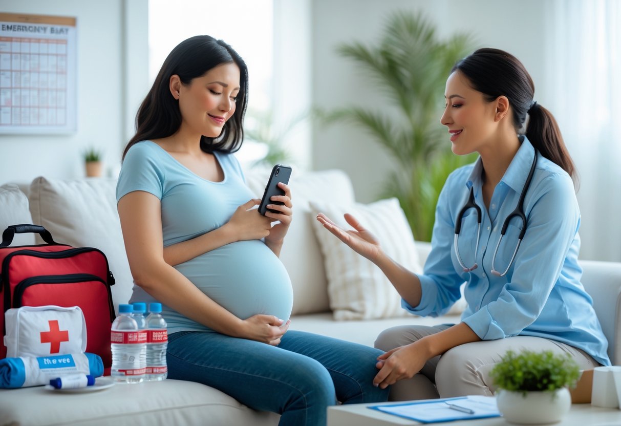 A pregnant woman sitting in a living room with emergency supplies nearby, receiving support from a healthcare professional.