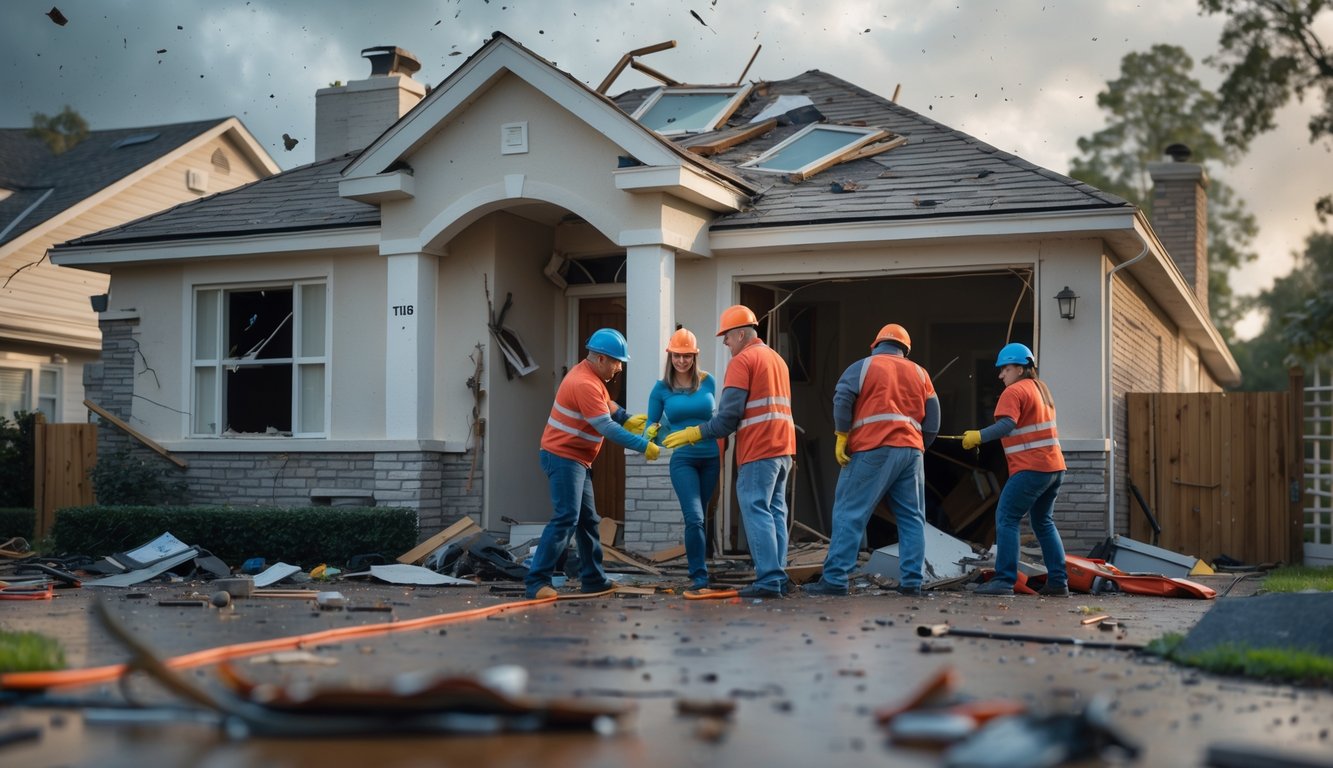 A family securing their damaged suburban home during a storm, protecting each other and the house from further harm.