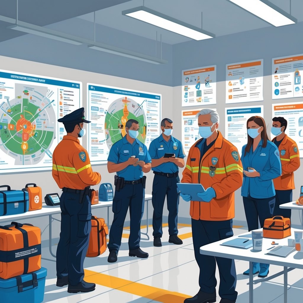 A group of emergency responders and community members practicing evacuation planning with health precautions in a community center.