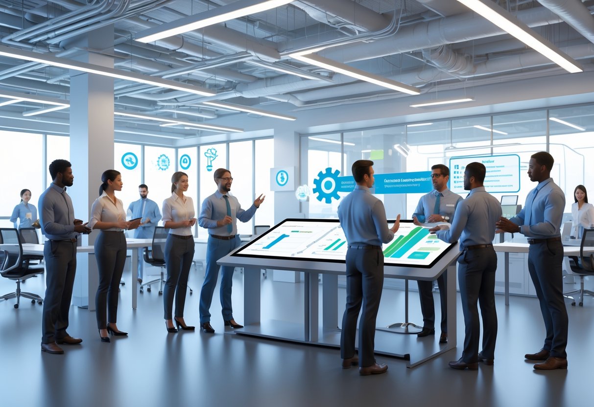 A group of employees in a modern office collaborating around a digital table with safety equipment and signage visible, demonstrating workplace health and safety preparedness.