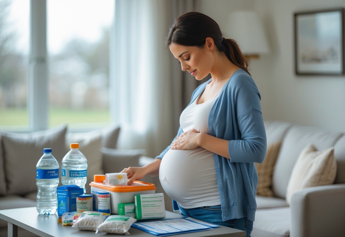 A pregnant woman organizing emergency supplies on a table in a home setting, gently holding her belly.