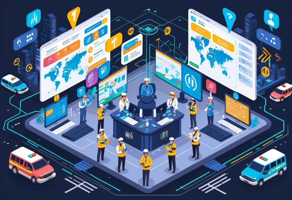 A busy emergency communication center with operators and health responders coordinating using devices and digital screens, showing efforts to share vital health information during emergencies.