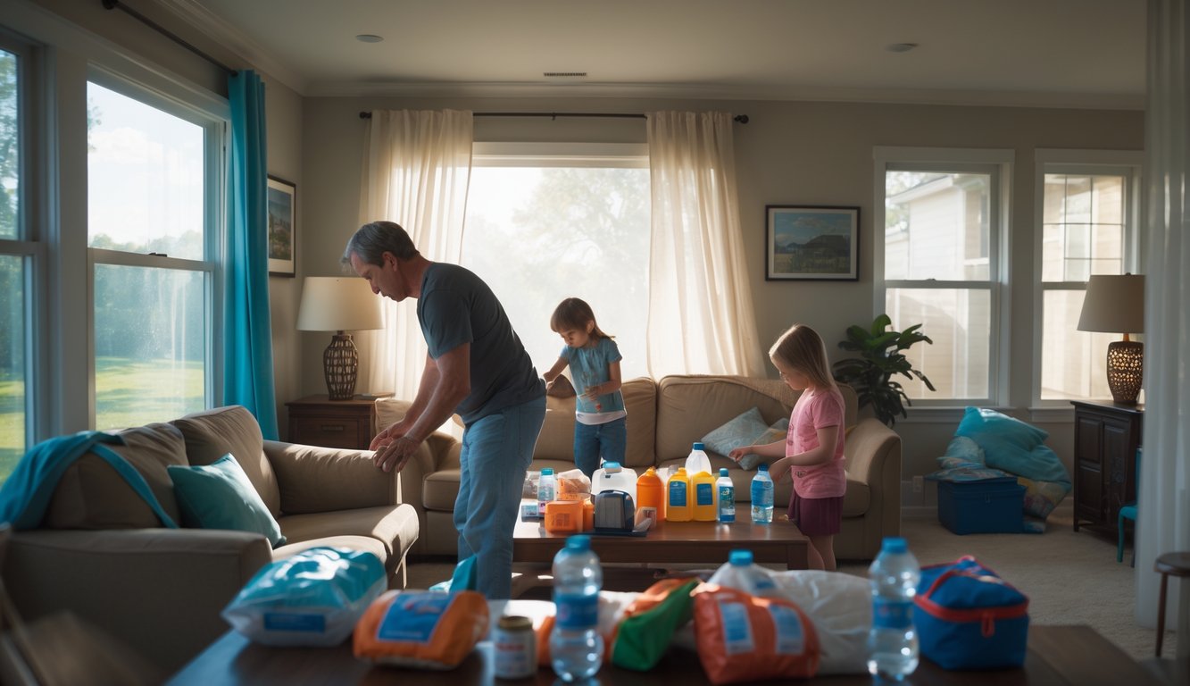 A family preparing their home for a disaster by securing furniture and organizing emergency supplies in a living room.