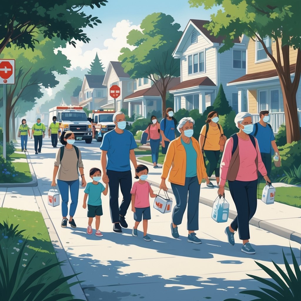 People calmly evacuating a neighborhood with emergency responders guiding them, carrying supplies and following safe routes.