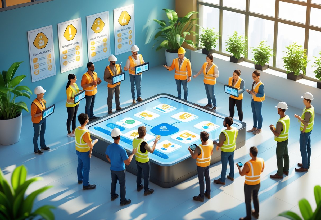 A diverse group of employees collaborating in a bright workplace, engaging in training activities focused on health and safety.