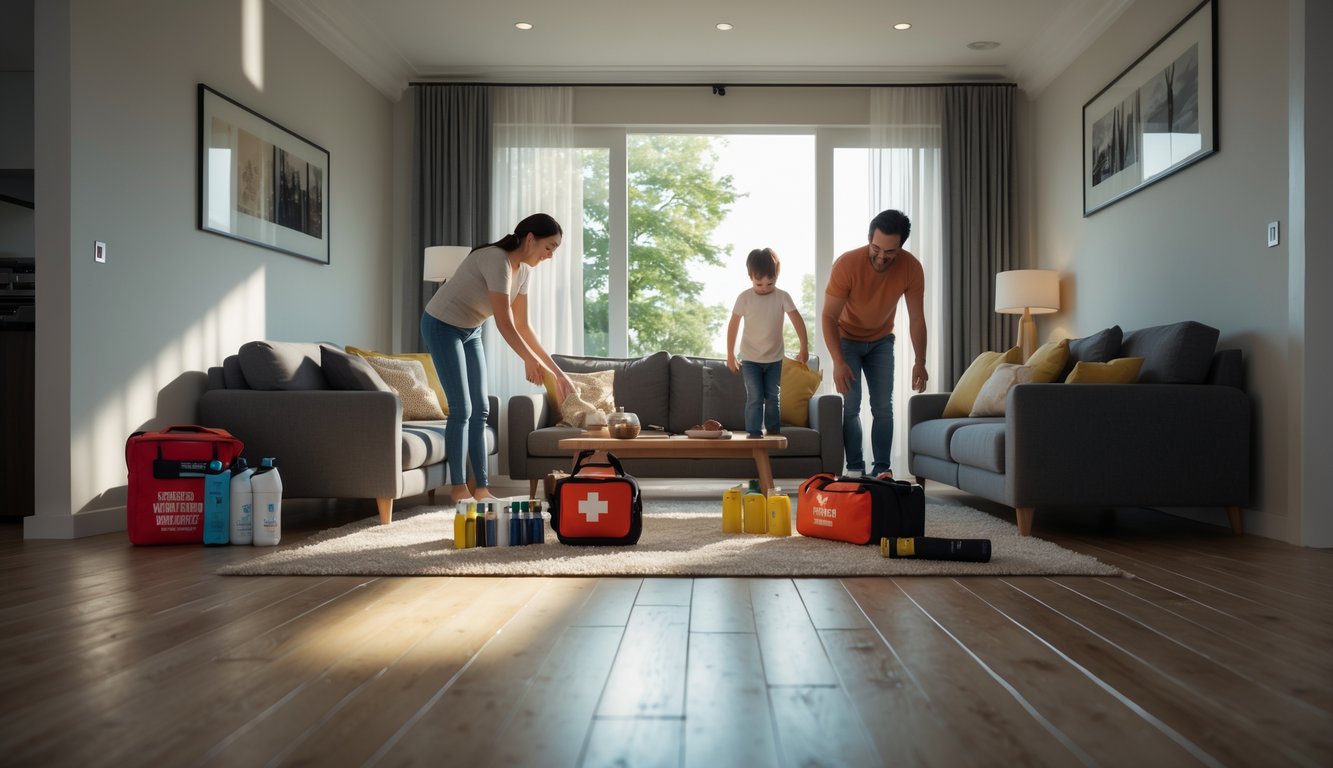 A family inside their living room preparing for a disaster by securing furniture and organizing emergency supplies.