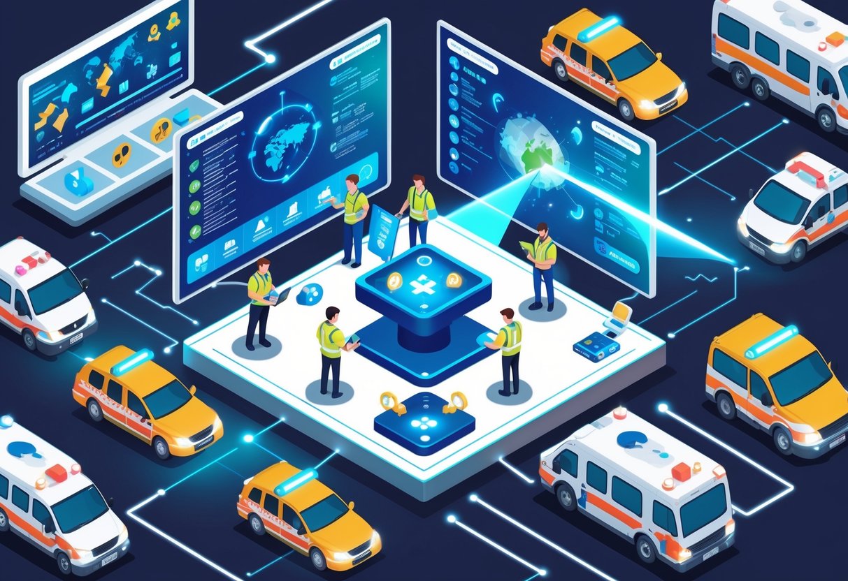 An emergency response center where healthcare workers and responders share vital information using digital devices and monitors, coordinating ambulance deployment and communication during a health emergency.