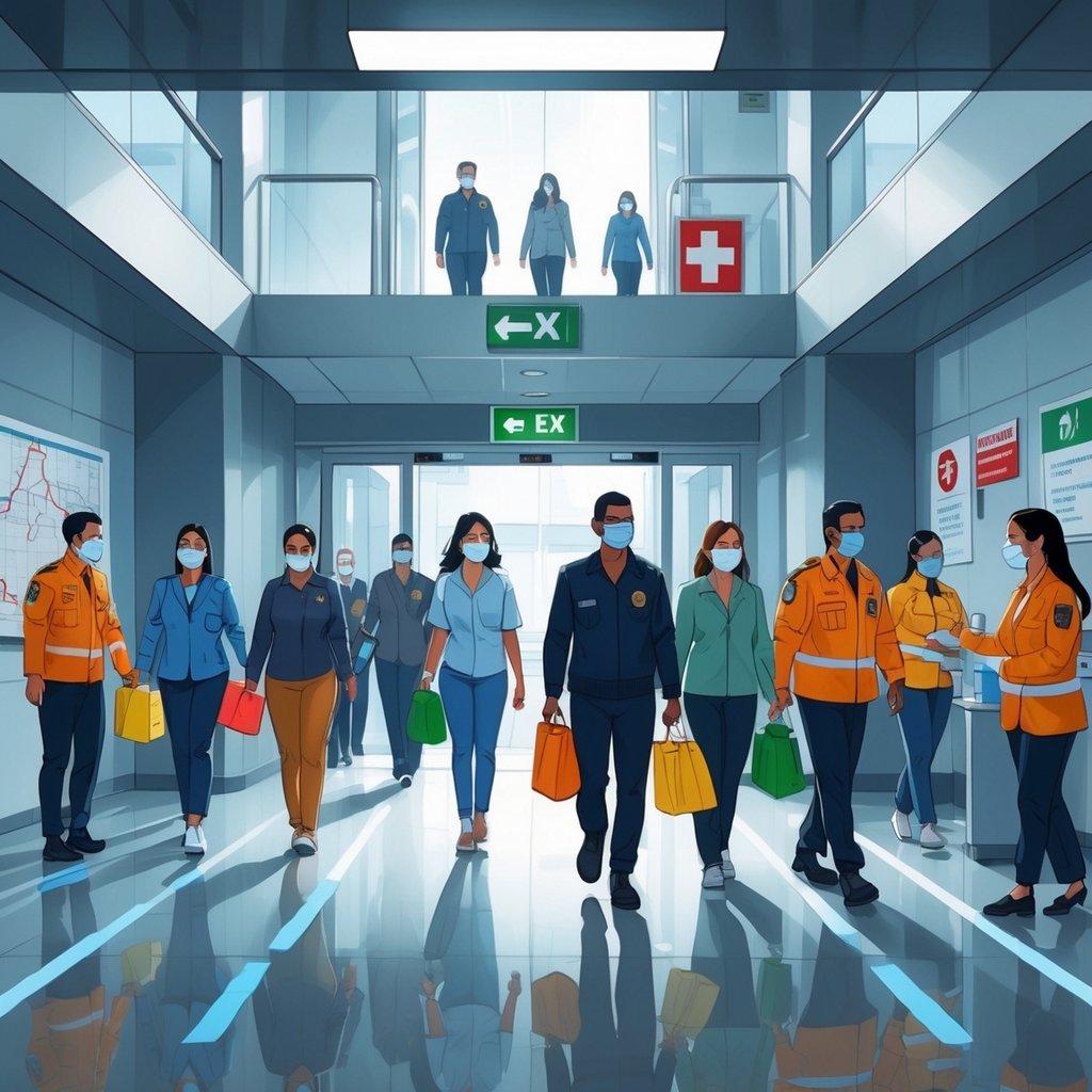 People calmly evacuating a building with emergency responders assisting, carrying health supplies, and following safety measures.