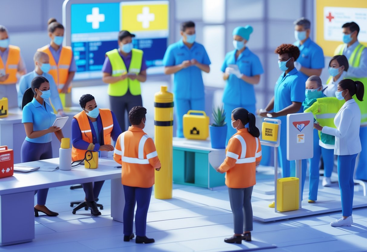 People in a community and workplace setting collaborating on health preparedness and safety measures, including emergency drills and protective practices.