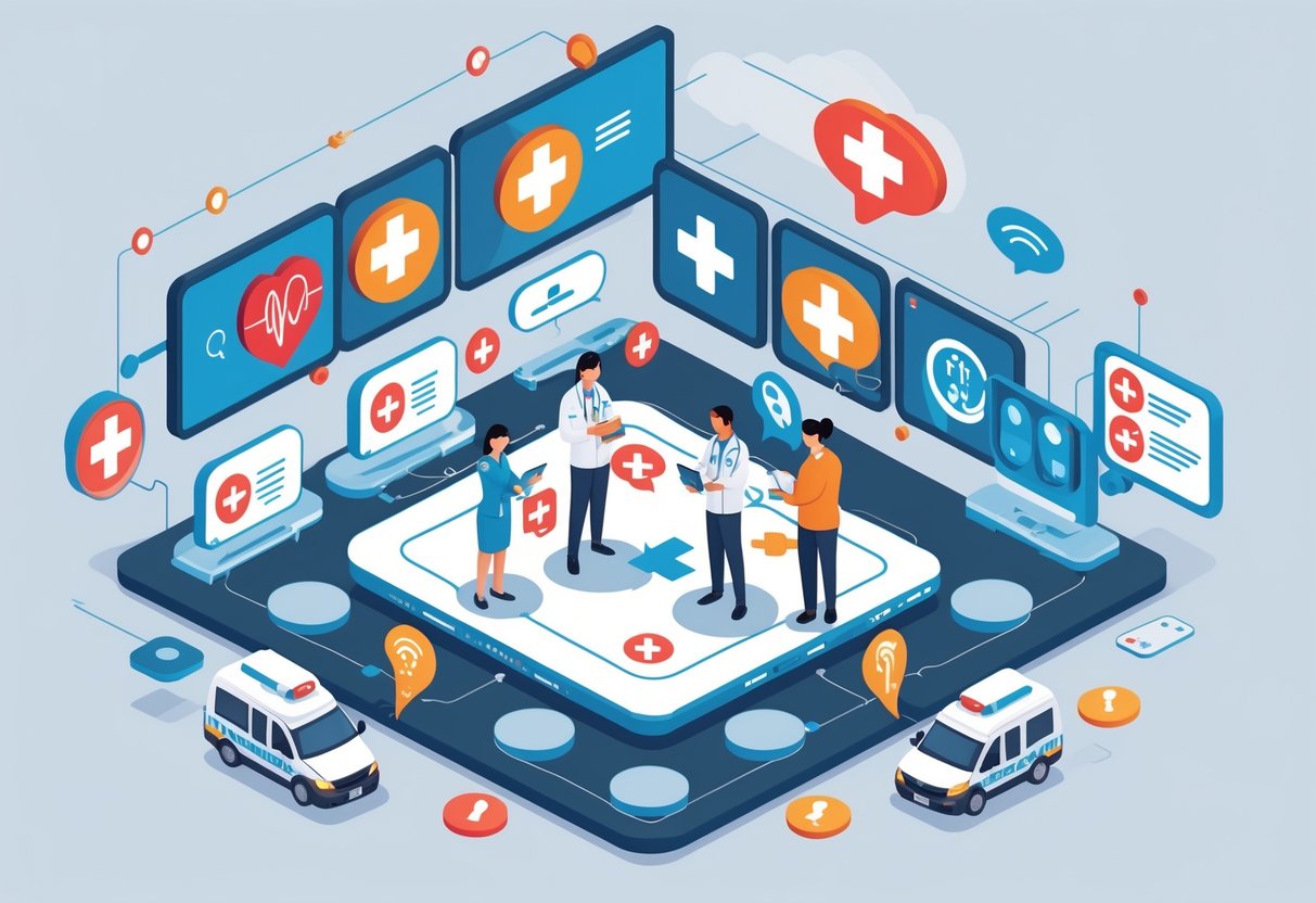 A group of people sharing health information in a modern emergency communication center with medical equipment and digital screens displaying health symbols.