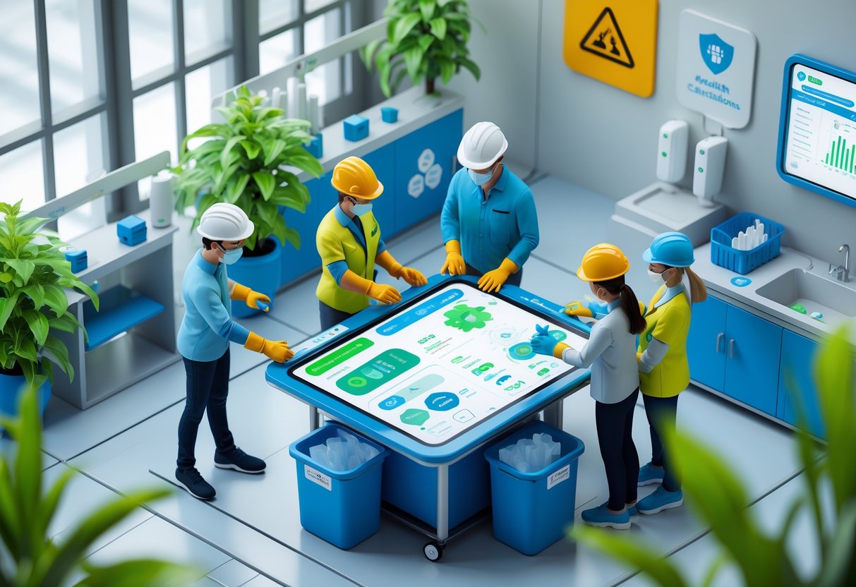A group of diverse people collaborating in a clean workplace with safety gear, plants, and digital displays promoting health and safety.