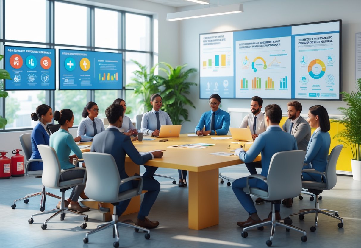 A group of diverse professionals gathered around a conference table in a bright office, engaged in a health and safety training session with digital displays and safety equipment visible.