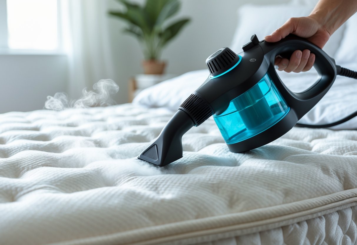 Close-up of a steam cleaner nozzle emitting steam onto a mattress in a bright bedroom.