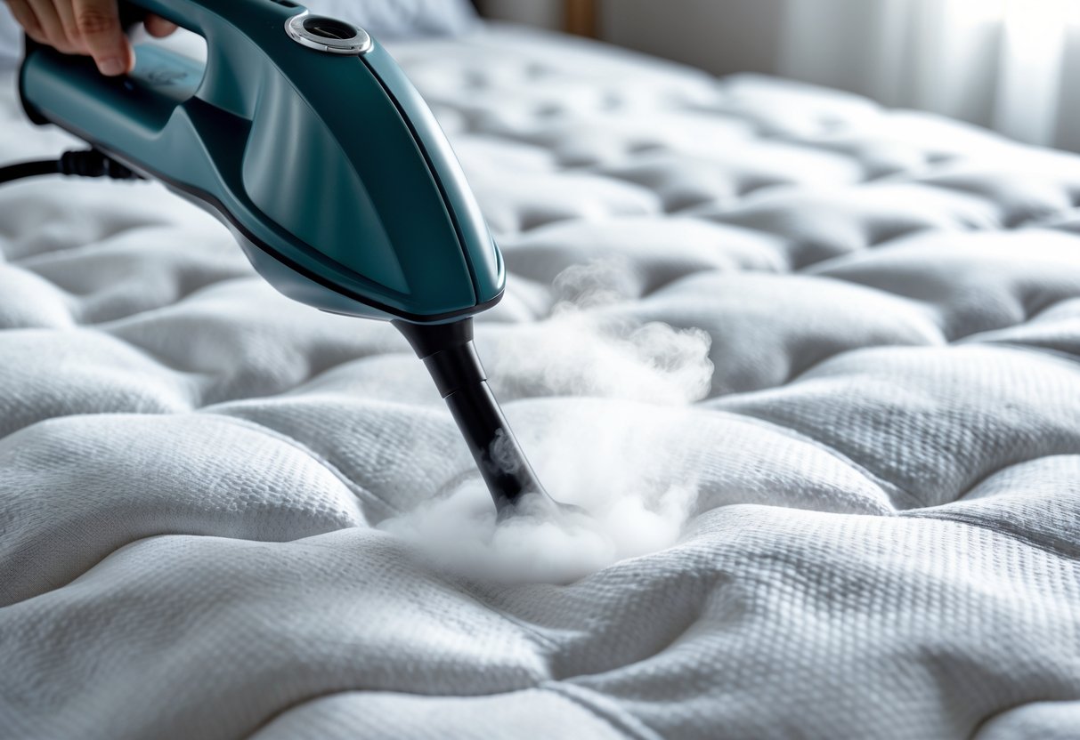 Close-up of a steam cleaner nozzle releasing steam onto a white mattress surface.