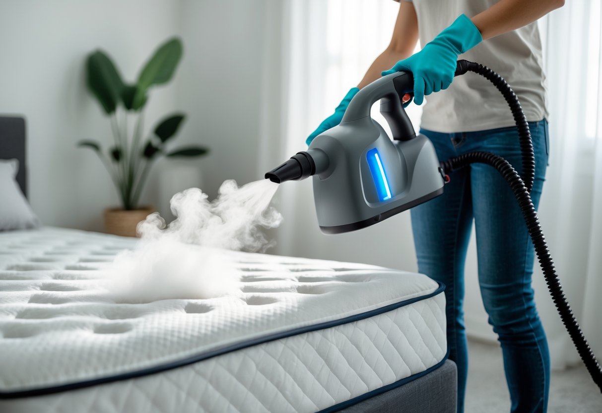 Person using a steam cleaner on a mattress in a bedroom to treat bed bugs.