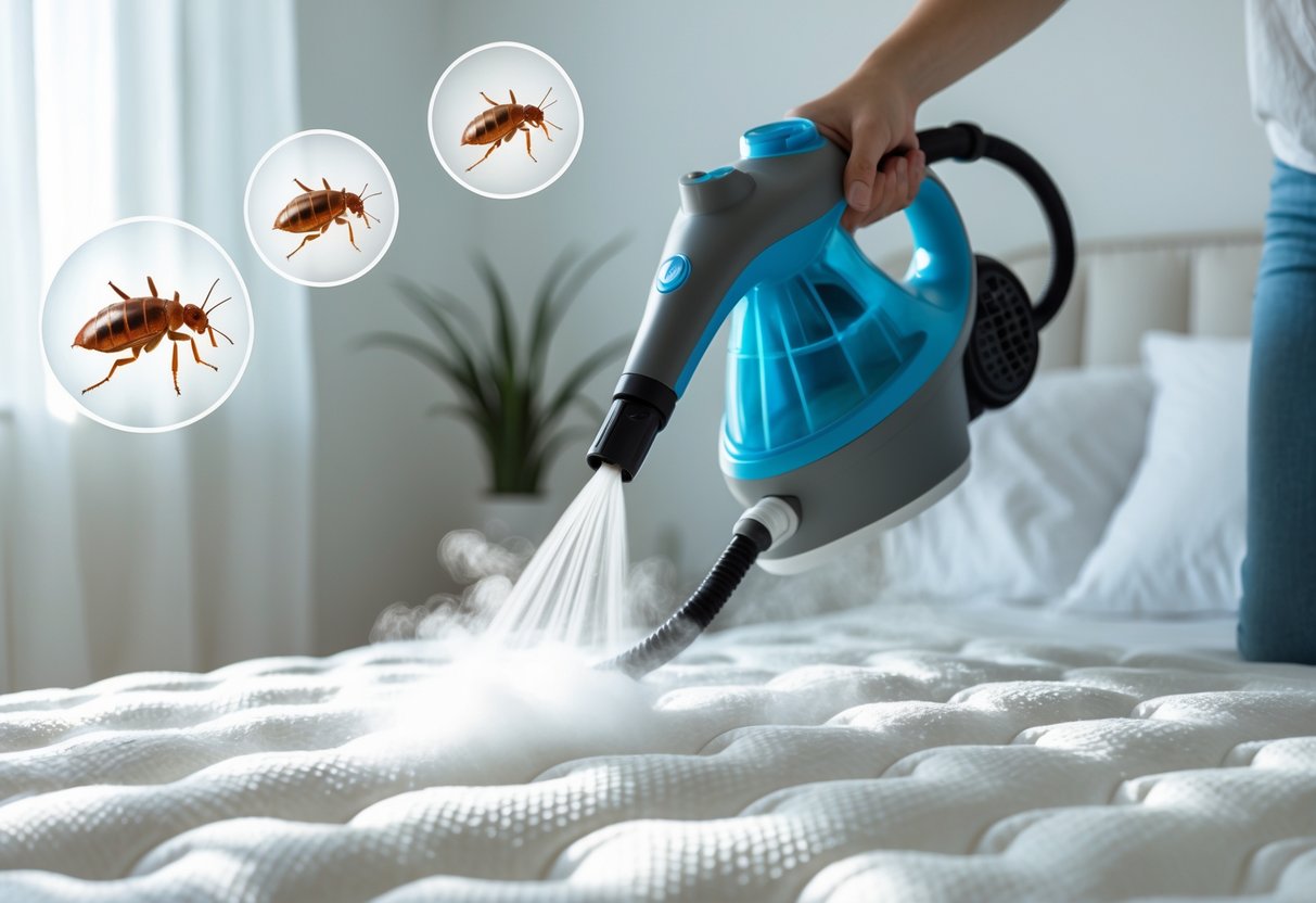 Close-up of a steam cleaner nozzle releasing steam onto a mattress in a bright bedroom, with faint illustrations of bed bugs near the mattress edge.