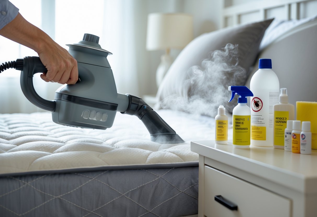 A person using a steam cleaner on a mattress with bed bug control products nearby in a bedroom.