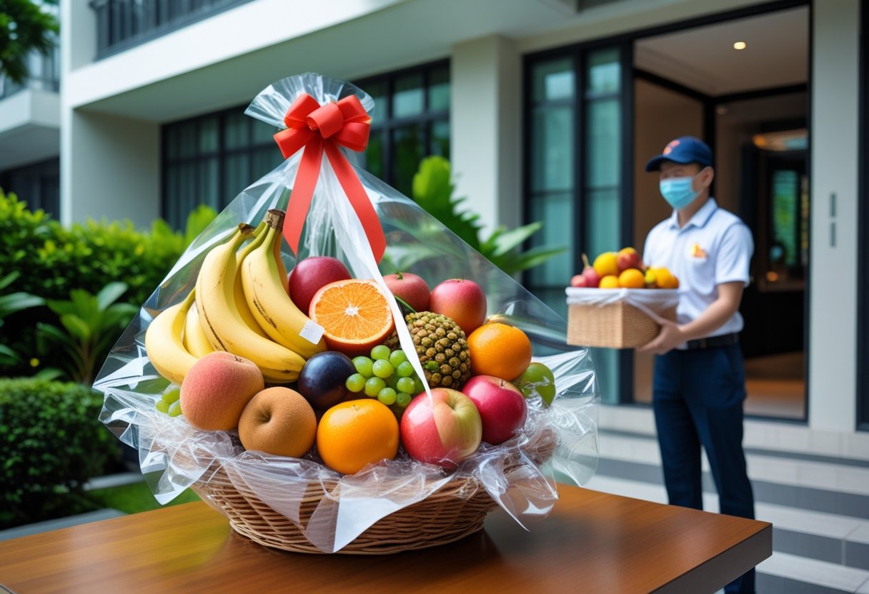 A delivery person handing over a fresh fruit basket to a smiling recipient at the doorstep of a modern apartment.