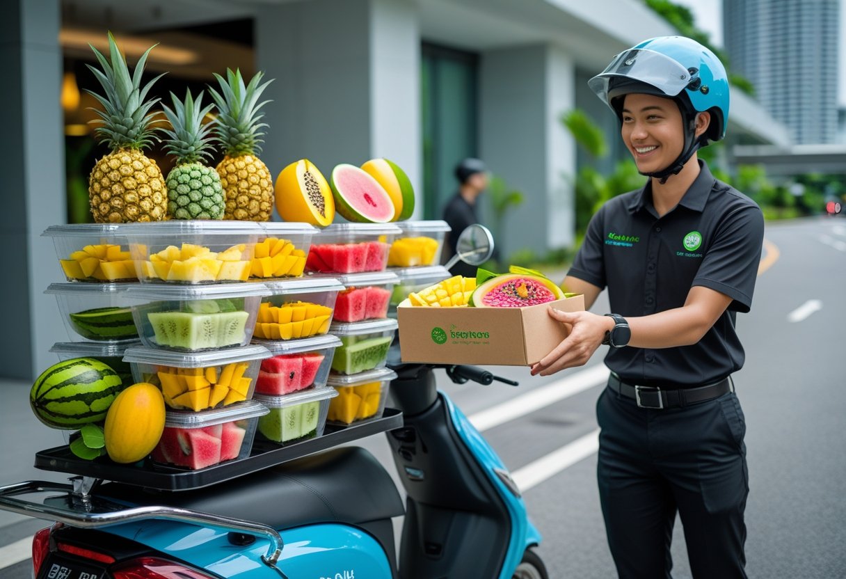 A delivery person handing a box of fresh cut tropical fruits to a customer on a Singapore street with city buildings in the background.