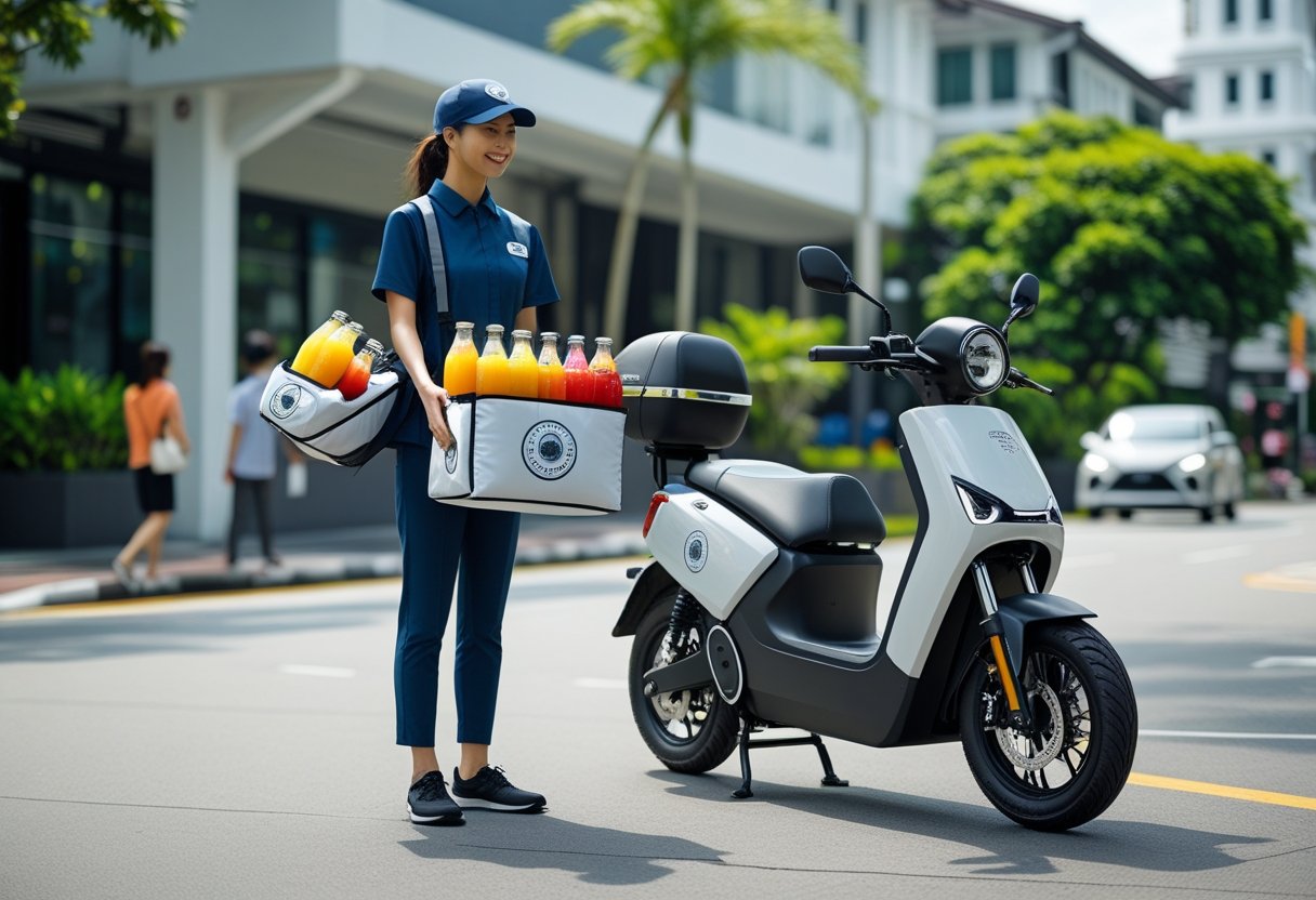 A delivery person holding a bag of colorful fruit juice bottles next to an electric scooter on a city street in Singapore.