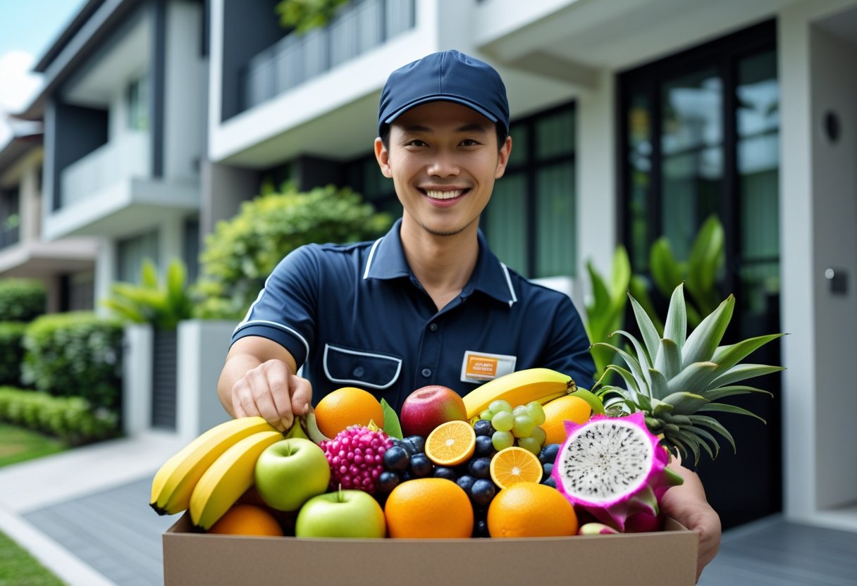 A delivery person handing a box of fresh assorted fruits to a customer outside a modern home in a Singapore neighborhood.