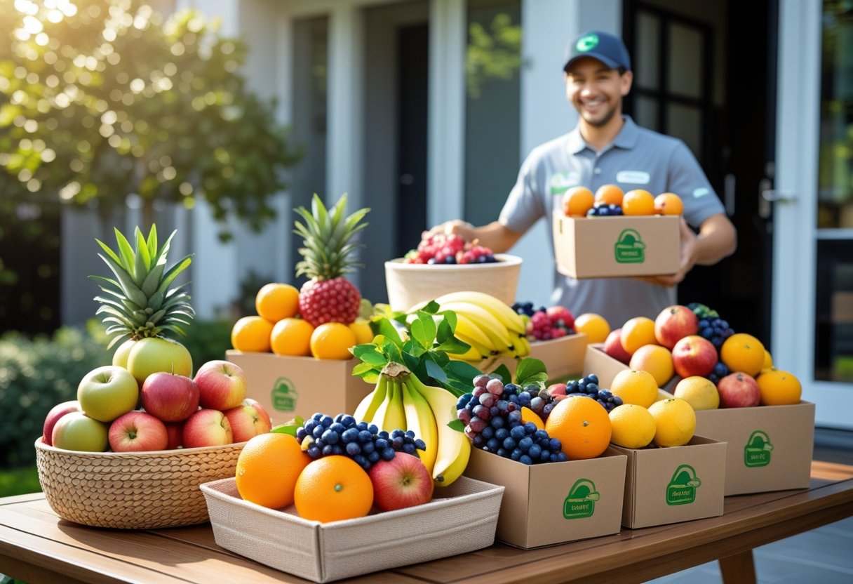 A delivery person handing a box of fresh fruits to a customer at a home doorstep with various fruits arranged on a table nearby.