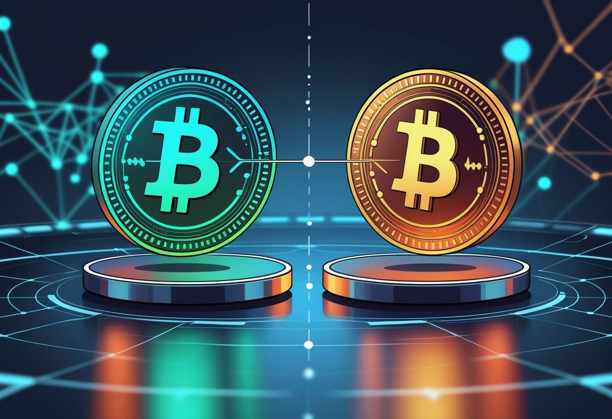 Two digital coins floating above a platform, one representing a stablecoin with a shield icon and calm colors, the other representing a volatile cryptocurrency with dynamic patterns and warm colors, separated by a balanced scale, set against a background of digital network patterns.