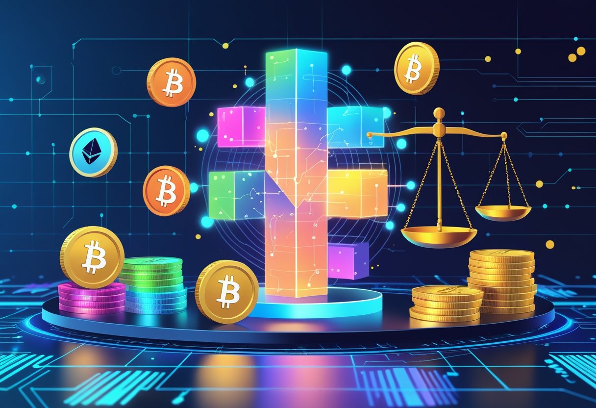 An illustration showing interconnected blockchain blocks in the center, with floating cryptocurrency coins on the left and stablecoins represented as balanced scales on the right, set against a digital technology background.