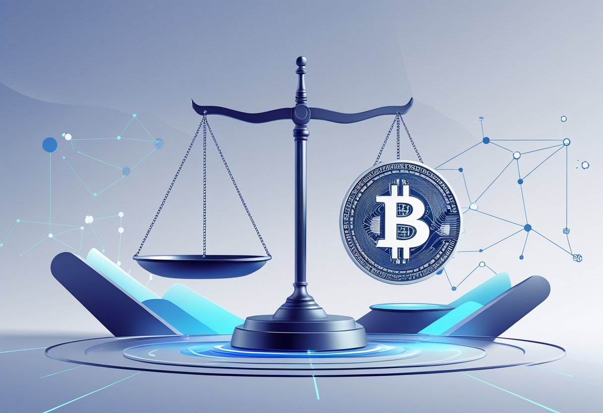 A balanced scale with a traditional currency symbol on one side and a digital cryptocurrency coin on the other, surrounded by glowing blockchain network nodes.
