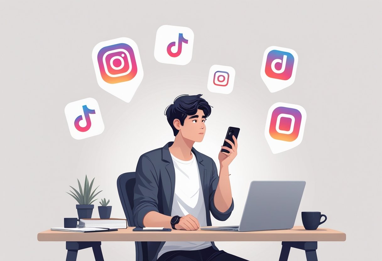 A person sitting at a desk holding a smartphone, looking away thoughtfully with social media icons floating around them.
