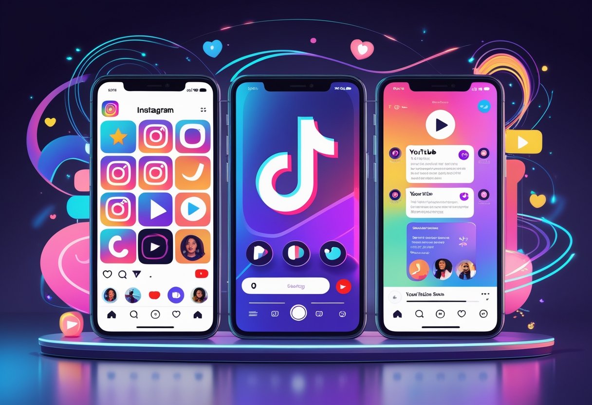 Three smartphones side by side showing colorful interfaces of Instagram, TikTok, and YouTube Shorts with abstract glowing icons and swirling lines around them.