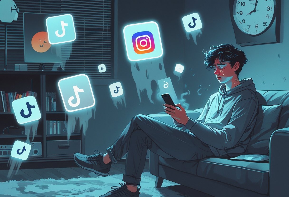 A tired person sitting on a couch late at night, holding a smartphone with social media icons floating around them, showing signs of fatigue and stress.