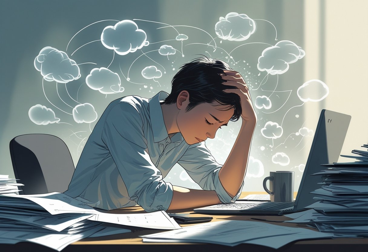 A person sitting at a cluttered desk looking exhausted and overwhelmed, surrounded by symbols representing many conflicting choices.