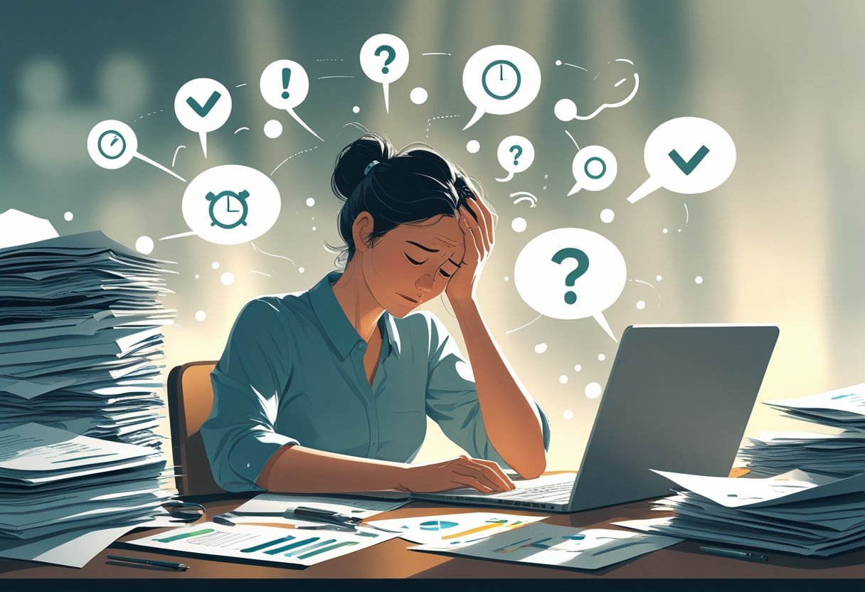A person sitting at a cluttered desk looking tired and overwhelmed, with faint icons representing multiple choices floating around them.