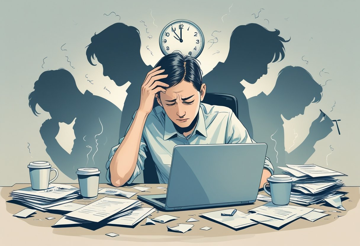 A person sitting at a cluttered desk, looking tired and overwhelmed, with faint shadows around them showing struggle and exhaustion.