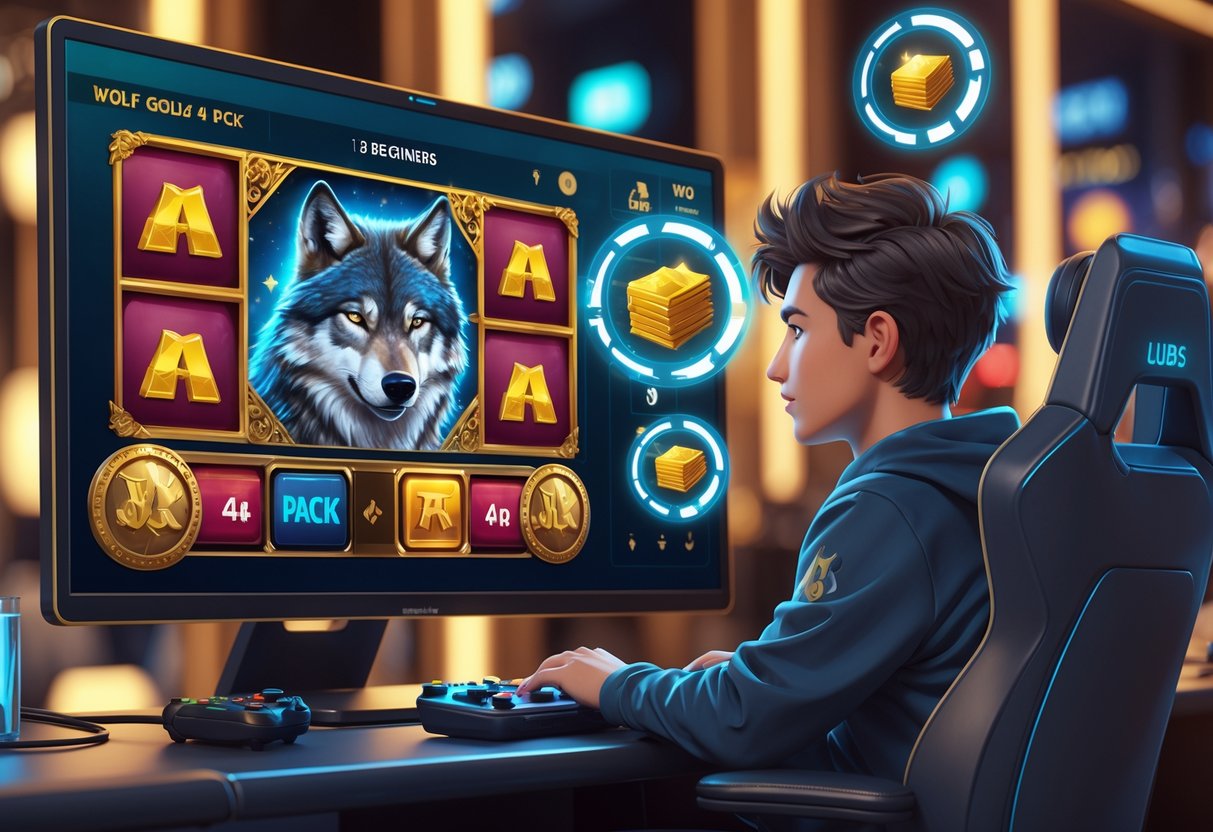 Seorang pemain muda duduk di depan layar komputer dengan permainan slot bertema serigala dan emas, tampak fokus dan serius belajar bermain.
