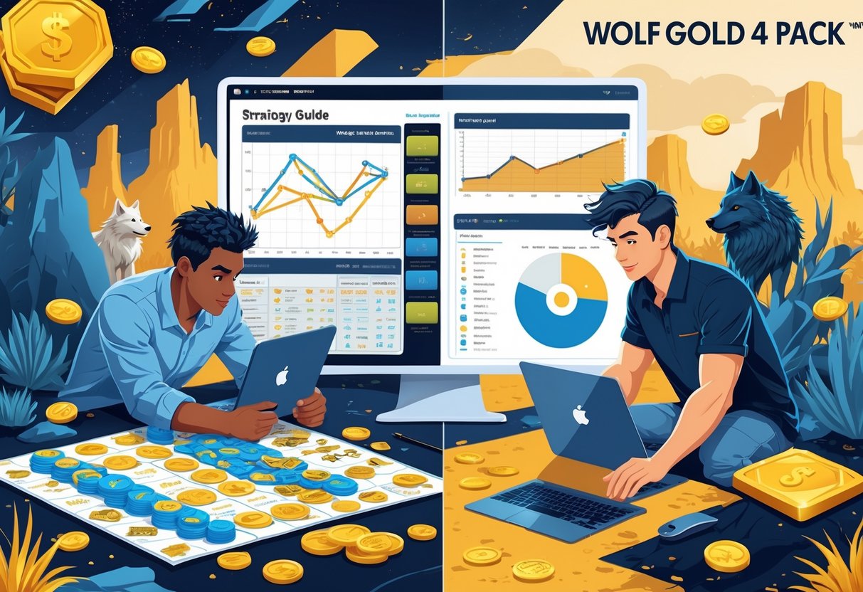 Ilustrasi dua pemain, seorang pemula dan seorang profesional, sedang mempelajari strategi permainan Wolf Gold 4 Pack™ dengan latar belakang tema permainan seperti serigala dan koin emas.
