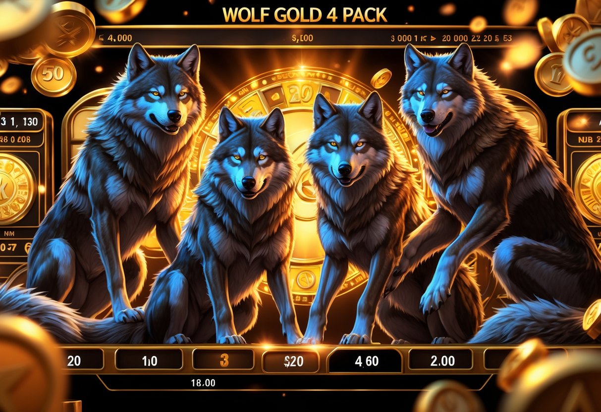Empat serigala kuat berdiri di depan latar belakang mesin slot berwarna emas yang bersinar, menciptakan suasana permainan kasino yang penuh semangat.