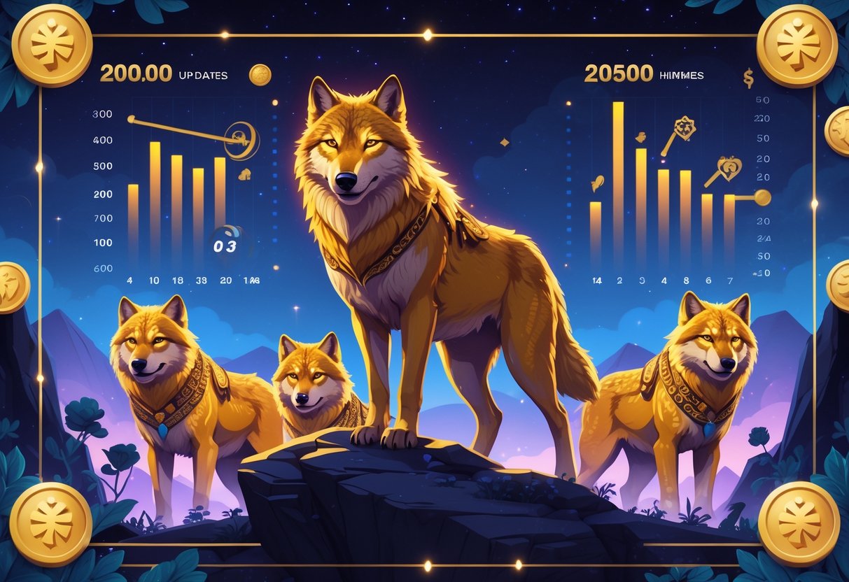 Seekor serigala emas berdiri di atas batu dengan empat paket emas di sekitarnya, latar belakang menunjukkan pola dan grafik abstrak yang menggambarkan data waktu nyata.