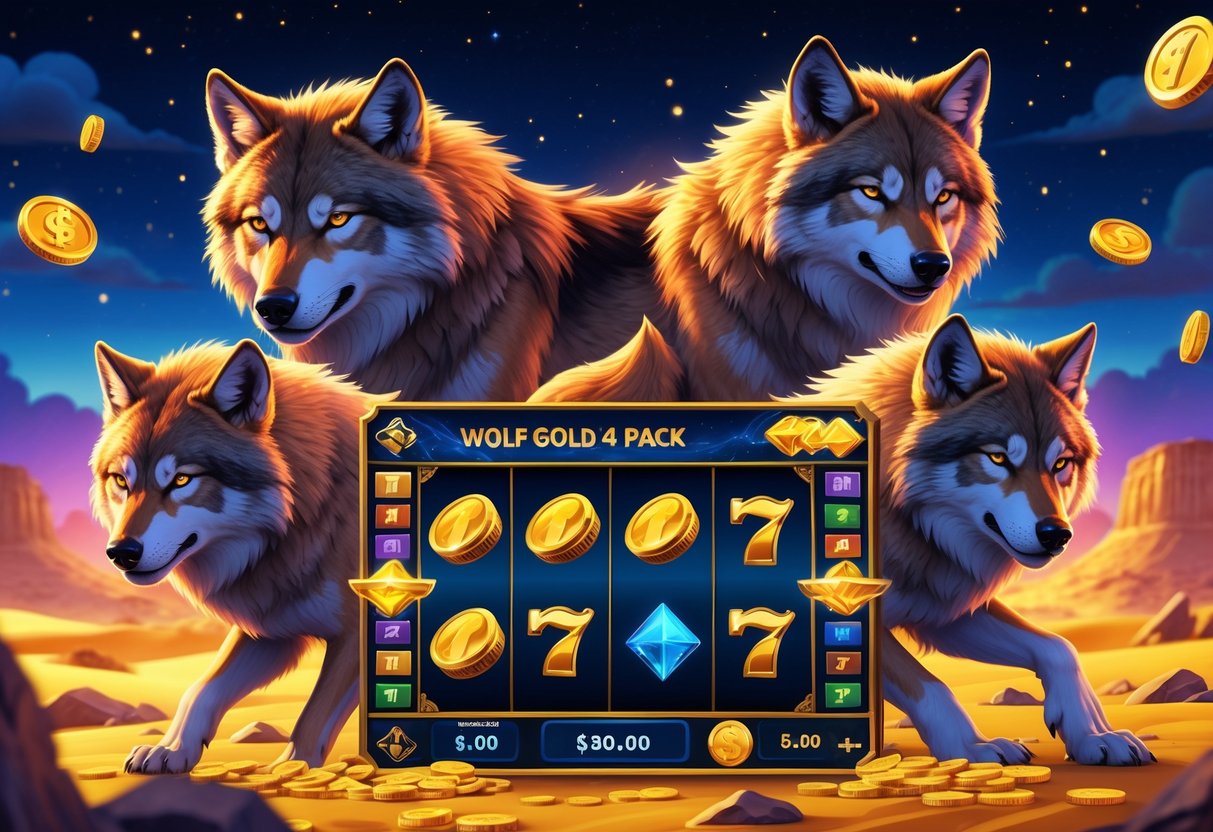 Empat serigala gagah di padang pasir emas saat senja dengan koin dan permata berkilau di sekitarnya.